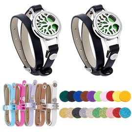 PH PandaHall 2pcs Essential Oil Diffuser Bracelets, Tree of Life Stainless Steel Bracelet with 5 Replacement Leather Strap Adjustable Aromatherapy Locket Jewelry with 20 Refill Pad for Women Mom Gift