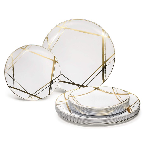 " OCCASIONS" 50 Plates Pack (25 Guests) Wedding Party Disposable Plastic Plate Set -25 x 10.25'' Dinner+25 x 7.5'' Salad & Dessert plates (Monet in White & Gold)