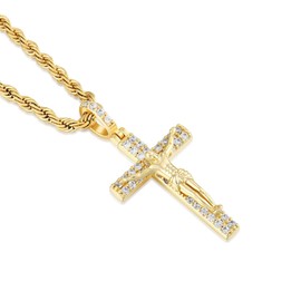 Wisbal Men's Crucifixion Necklace Jesus Cross Chain Brass Gold Plated Christian Women for Pendant