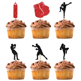 BIABISD 12 Piece boxing Cupcake Toppers boxing Themed Cupcake Toppers boxing Happy Birthday Party Supplies Shiny Black Red Decorations