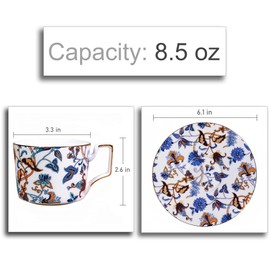 LanHong 8.5 Ounces Tea Cup and Saucer Set Floral Tea Coffee Cup with Saucer Bone China Teacup and Saucer Set Gift for Mom Friend Tea Party