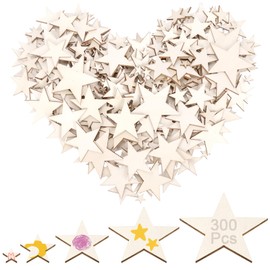 Glarks 300pcs 1/2/3/4/5CM Unfinished Wooden Stars, 5 Sizes Wooden Stars Ornament, Blank Wooden Love Stars, Unfinished Wood Stars Cutouts, Blank Wood Stars Slices for Wedding Birthday Party Decoration
