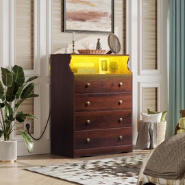 WLIVE Brown Dresser for Bedroom, Tall Wood Dresser with 4 Drawers and Open Shelf, LED Chest of Drawers with Charging Station and LED Lights for Living Room, Hallway, Closet, Rustic Brown