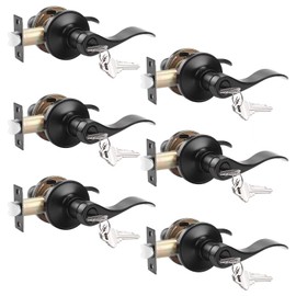 Probrico (6 Pack Keyed Alike Entry Door Lever [Lock with 3 Combo Keys],Locking Door Handle for Office or Front Door,Black Finish Wave Entrance Door Lock, Reversible Right & Left Side Handed