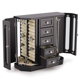 Jewelry Box - Made of Solid Wood with Cabinet Type 5 Drawers Organizer and 2 Separated Open Doors on 2 Sides and Large Mirror Black