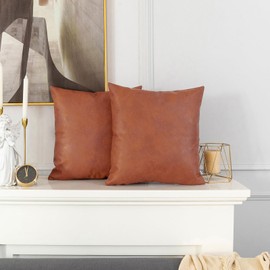Vfuty Set of 2 Thick Cognac Brown Modern Faux Leather Throw Pillow Covers 20 x 20 inches Solid Decorative Cushion Covers Farmhouse Decor Pillow Case for Couch Sofa Bedroom Living Room, Cognac Brown