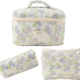Pyuyan 3 Piece Women's Travel Toiletry Bag Set, Cosmetic Bag, Aesthetic Flowers Make-Up Bag, Make Up Bag, Women's Quilted Toiletry Bag with Floral Pattern for Women and Girls, White, Green, simplicity