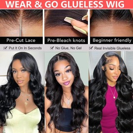 Wear and Go Glueless Wigs Human Hair Pre Plucked 4x4 HD Lace Front Pre Cut Body Wave Lace Front Wigs Natural Hairline Wigs Natural Color 180 Density (26 inch)