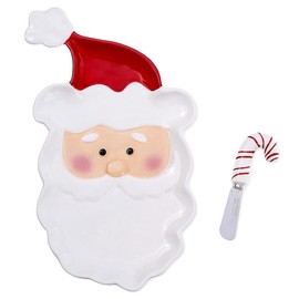 The Bridge Collection 13" Christmas Jolly Santa Claus Plate with Candy Cane Spreader - 2 Piece Set - Festive Holiday Serving Dish & Spreader