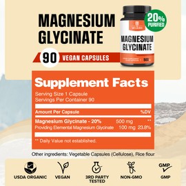 Magnesium Glycinate Supplement with 20% Purified - 500mg for Brain Health, Bone Health, Energy Production, Comfortable Mood & Muscle - 90 Capsules - Providing 100mg Elemental Magnesium