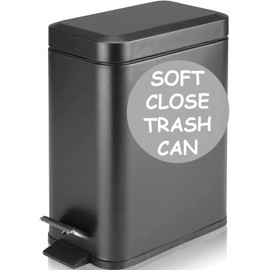 Soft Close, Rectangular Trash Can 5L with Anti - Bag Slip Liner and Lid, Use as Mini Garbage Basket, Slim Dust Bin, or Decor in Bathroom, Restroom, Kitchen, or Bedroom (Matte Black)