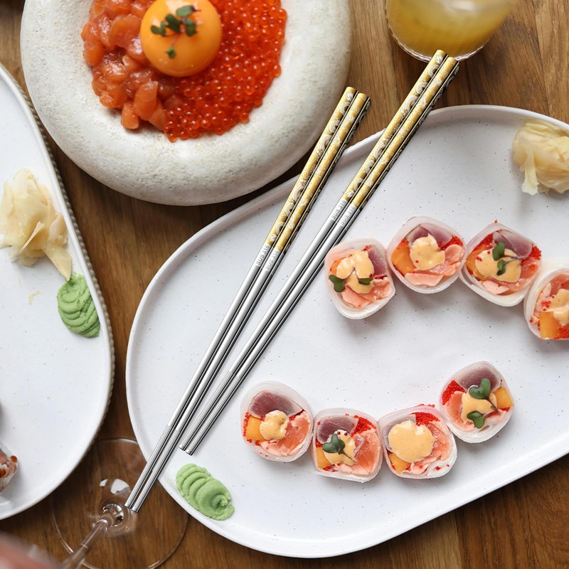 A · HOUSEWARE 5 Pairs Gold Dragon Chopsticks Set Stainless