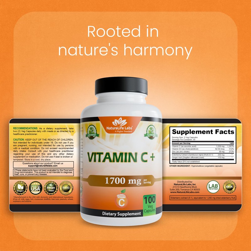 NaturaLife Labs Vitamin C with Vitamin D3, Zinc, Elderberry &