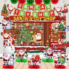 Christmas Santas Toy Shop Decorations Santas Toy Shop Backdrop with Christmas Banner for Happy Holidays Decorations Christmas Party Decorations Christmas Party Supplies