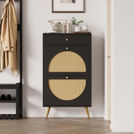 Rattan Shoe Storage Cabinet with 2 Flip Drawers and 1 Top Drawer, Narrow Shoe Cabinet, Free Standing Hidden Shoe Storage, Shoe Rack for Entryway/Hallway/Closet, Black