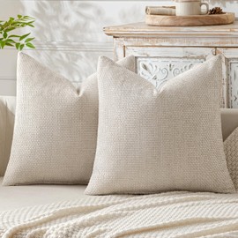 MIULEE Pack of 2 Beige Decorative Pillow Covers 18x18 Inch Soft Chenille Couch Throw Pillows Christmas Farmhouse Natural Cushion Covers for Home Decor Sofa Bedroom Living Room