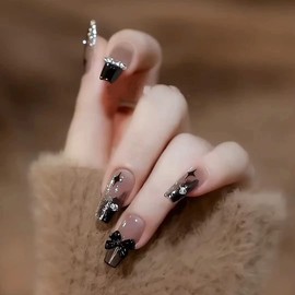 Nail Tip, Long, 24 Pieces, Nail Tip, False Claws, Butterfly Pearl, Black, 3D Nail Sticker, Popular, Japanese Style, Cute, Simple, Fashionable Party, Nail Tip, Autumn, Spring, Summer, Bride, Glossy,