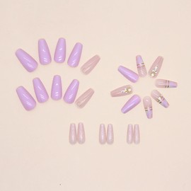 Press on Nails Medium Length Ballet Shaped Glitter Rhinestones False Nails with Design French Artificial Aurora Acrylic Nails Full Cover Glossy Reusable Coffin Fake Nails Glue on Nails for Women