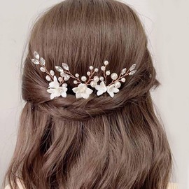 Cubahop Wedding Hair Clips with Wedding Flowers Crystal Wedding Hair Clips Pearl Floral Headpiece for Women and Girls Pack of 3 (Rose Gold)