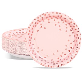 PYAILI Party Paper Plates, 50-Pack Disposable Pink and Rose Gold Plates, Foil Polka Dots, 18 Centimetres-7 Inch