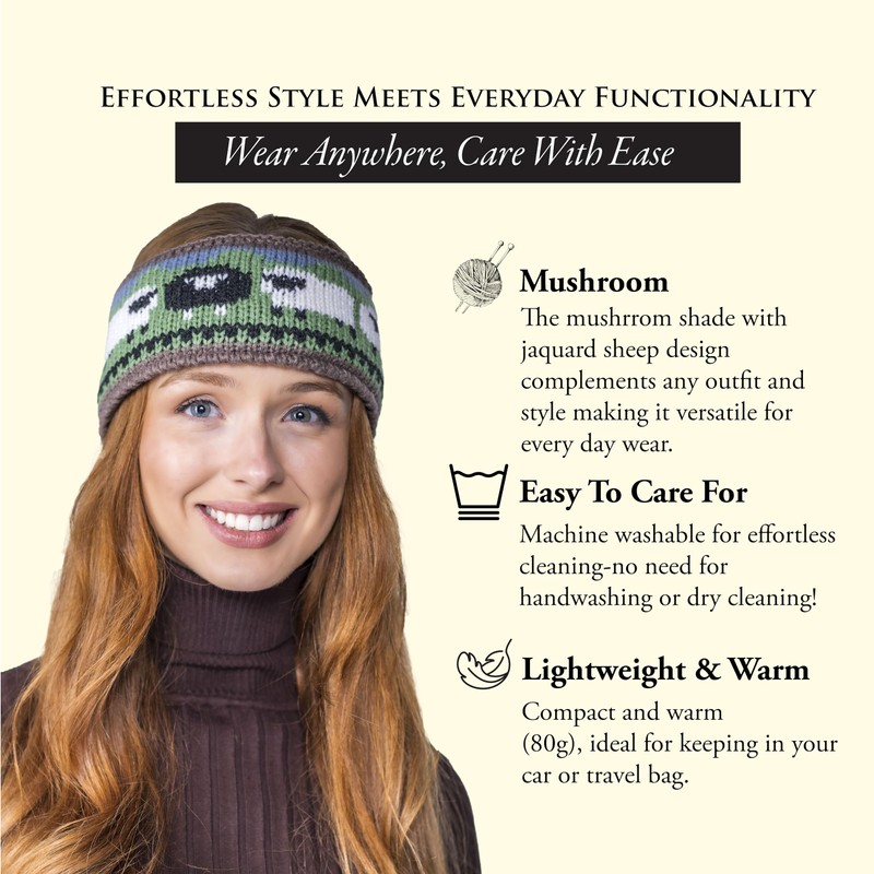 Aran Knitted Sheep Headband, Winter Headband for Women (Mushroom, One
