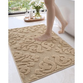 DEXI Bathroom Rug 24x43, Non Slip Washable Bath Mat for Shower Floor, Absorbent Soft Bathmat with Rubber Backing, Plush Fluffy Microfiber Floral Retro Carpet, Beige