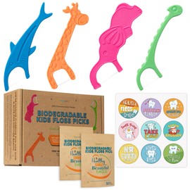 Biodegradable Kids Flossers -100 Pack, Natural Kids Floss Picks, Fluoride Free, Biodegradable Floss Pick, Organic Animal Dental Floss, Dental Floss Sticks for Children - 4 Fun Animal Designs