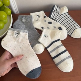 2025 Autumn Women's Low-Cut Sweat-Absorbing Striped Ankle Socks, Korean Style Embroidery No. 4 + Individual Packaging Free Size 5ea