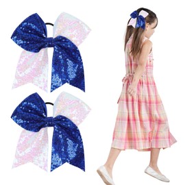 2 Pcs Cheer Bows, Cheer Hair Bows, Cheer Accessories, Blue and White Hair Bow, Cheer Bow, Cheer Bows Set, Sequin and Sparkle Ponytail Accessories for Cheerleading, Dance (White, Blue)