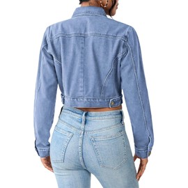 JerXox Women's Cropped Denim Washed Distressed Button Down Long Sleeve Jean Jacket Coats