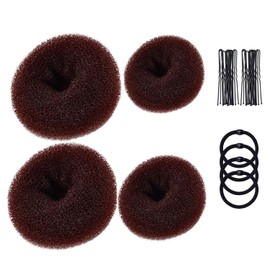Donut Bun Maker Set, 4pcs Hair Ring Style(2 Sizes) with 4pcs Hair Elastic Bands, 30pcs Hair Pins for Chignon Hair Styles Ballet Dancers Kids Girls (Brown)