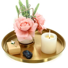 Thenshop 1 Pcs 12 Inch Round Serving Tray Gold Stainless Steel Round Coffee Table Circle Decorative Vanity Tray Jewelry Makeup Organizer for Bathroom Candle Perfume