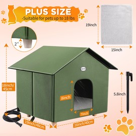 Dreyoo 1 Pack Heated Cat House Plus Size 18 x 20 x 16 Inches, Weatherproof Outdoor Cat Shelter with Heating Pad Mat, Warm Cat House with 2 Doors for Winter (Olive Green)