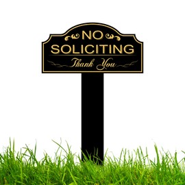 No Soliciting Sign for House with Stake 7 x 3.5 Inch Waterproof Resistant with 11.8 Inch High Stake Adjustable Height No Soliciting Signs for Home Front Door Outdoor Yard, Gold