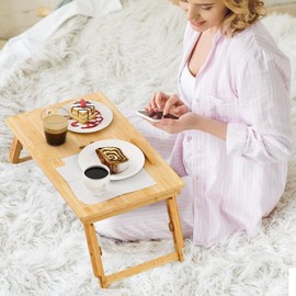 Giantex Bamboo Laptop Desk, Height Adjustable Lap Tray with Tilting Top, Drawer & Cooling Holes, Portable Breakfast Serving Tray with Folding Legs, Bed Desk Table Tray Stand for Home Office, Bedroom