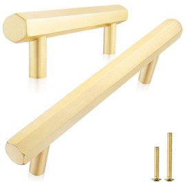 QOGRISUN 2-Pack Solid Brass Cabinet Pulls Hexagon Drawer Handles, 3-Inch Hole Center, Suitable for Kitchen Bathroom Dresser Cupboard Hardware, 4.9-Inch Total Length, Brushed Finish