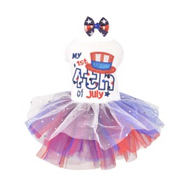 FLAdorepet 4th of July Dog Dress with Hair Bow,Independence Day Dog Dresses Tulle Skirts for Small Dogs,Puppy Patriotic Clothes Pet Outfits Cats Apparel (4th of July, X-Small)