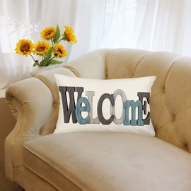 Fukeen Welcome Lumbar Throw Pillow Covers Farmhouse Rustic Decorative Rectangular/Waist Pillowcases 12 x 20 Inch Spring Home Summer Beach Decor Cushion Covers Housewarming Gifts