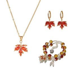 MALOYANVE Maple Leaf Jewelry Set for Women Orange Crystal Maple Necklace Bracelet Earrings Rhinestone Leaves Butterfly Feather Fall Thanksgiving Statement Accessories Jewerly Gifts (maple)
