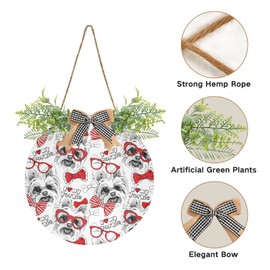 Yorkshire Terrier With Red Ties And Sunglasses Seamless Door Hanging Sign, 12" Merry Christmas Front Plaque Board Round Wreath for Daily Holiday Welcome Home Garden Yard Wall Pediments