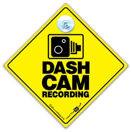 Dash Cam Recording Car Sign, CCTV in Car Recording Sign, Baby on Board Sign Style, Novelty Car Sign, Suction Cup Car Sign in Yellow and Black 14cm x 14cm