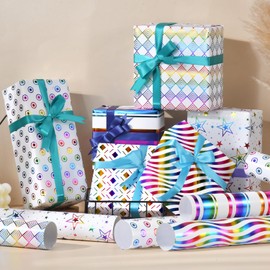 Birthday Wrapping paper 6 Sheets Pink White Gift Wrapping Paper with Ribbon Stickers Metallic Foil Wrapping Paper for Birthday Christmas Holiday Graduation Wedding Baby Shower, 20x28 inch