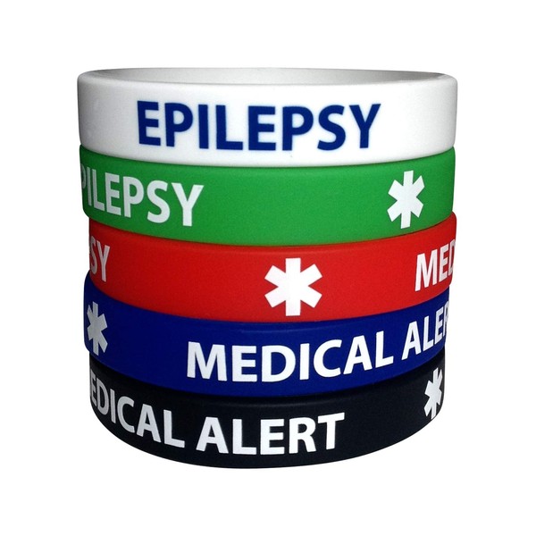 Epilepsy Silicone Bracelets Medical Alert (5 Pack) Wristbands Adult Size for Men Women 7.8"