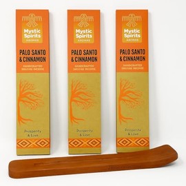 Mystic Spirits Palo Santo & Cinnamon Smudge Incense Sticks Set – 3 Packs with Wooden Holder – Handcrafted Natural Aroma for Prosperity & Love, Meditation, Yoga, Cleansing Rituals