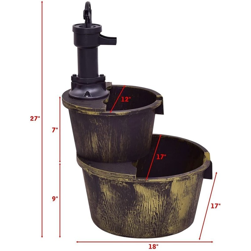 Squareful 2-Tier Outdoor Water Fountain, Rustic Patio Decor w/Hand Pump,