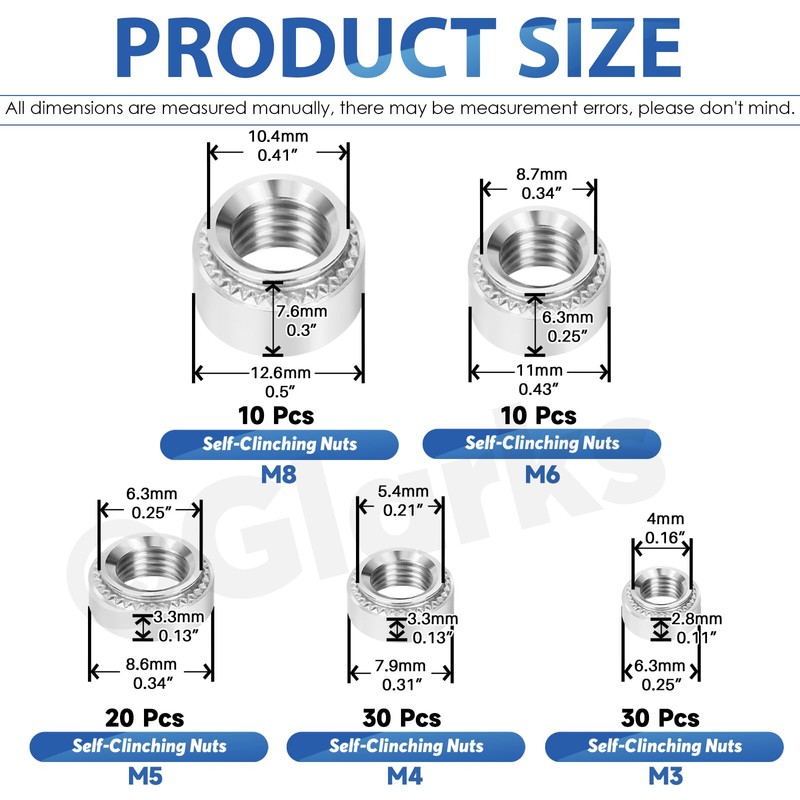 Glarks 100pcs M3 M4 M5 M6 M8 Self Clinching Nuts