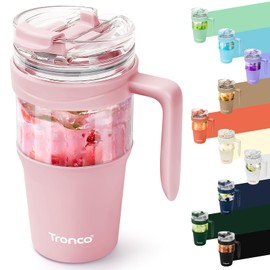 Tronco 32oz Glass Tumbler with Straw and Lid, Leakproof 2-in-1 Sip and Flip Straw Lid, Glass Water Bottles with Handle, Fit in Cup Holder, BPA Free, Dishwasher Safe (Pink)