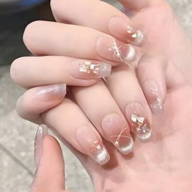 Gradient Pink Press on Nails Medium Coffin Aura Gel Nails Press ons, SXVME 3D Handmade Fake Nails with Pearl Sequins Designs, Cute Glitter Acrylic Nails Natural Glue on Nails Short False Nails 30Pcs