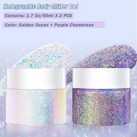 Holographic Body Glitter Gel for Body, Face, Hair and Lip Color Changing Sparkling Face Glitter Gel Mermaid Sequins Glitter Face Paint for Women Girls Music Festival Concerts Party, 50ml x 2