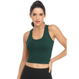 Joviren Cotton Workout Crop Tank Top for Women Racerback Yoga Tank Tops Athletic Sports Shirts Exercise Undershirts 4 Pack Black/White/Dark Green/Avocado Green M